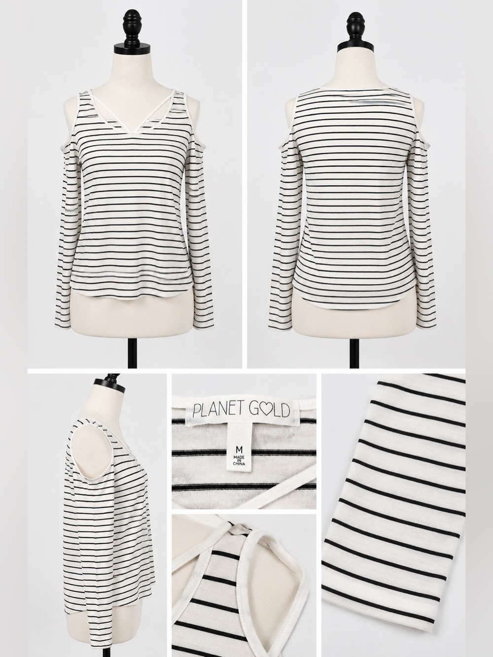 Planet Gold White Striped Cold-Shoulder V-Neck Top